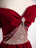 Red Velvet Sequins Long Prom Dress Elegant Off the Shoulder A-Line Formal Dress HZ0319