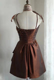 Vintage Brown Beading Design A-line Spaghetti Strap Party Dresses Homecoming Dresses, HZ0319