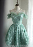 Vintage Green Appliqued Design A-line Off-the-shoulder Party Dresses Homecoming Dresses, HZ0319