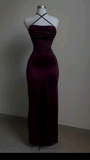 Burgundy Straps Open Back Satin Long Party Dress Birthday Outfits HZ0319
