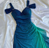 Shiny Blue Spaghetti Straps Ruffles Vintage Long Party Dress HZ0319