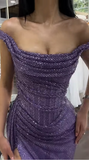 Purple Off Shoulder Sheath Split Long Party Dress Evening Gown, HZ0319