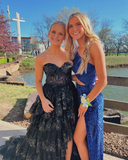 Dark Navy Sweetheart A-Line Lace Tiered Long Party Dress Senior Prom Dress, HZ0319