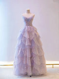 Shiny Strapless A-Line Tulle Tiered Lilac Long Formal Gown Party Dress HZ0319