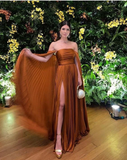 Brown Off Shoulder A-Line Pleated Satin Long Formal Party Dress HZ0319