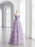Shiny Strapless A-Line Tulle Tiered Lilac Long Formal Gown Party Dress HZ0319