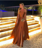 Brown Off Shoulder A-Line Pleated Satin Long Formal Party Dress HZ0319