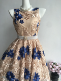 Retro Floral Applique Pearl Belt Design A-line Elegant Homecoming Dress Birthday Dress Party Dress HZ0319