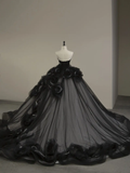Elegant Black Strapless Floral Quinceanera Dress Evening Ball Gown HZ0319