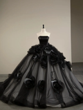 Elegant Black Strapless Floral Quinceanera Dress Evening Ball Gown HZ0319