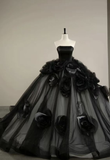 Elegant Black Strapless Floral Quinceanera Dress Evening Ball Gown HZ0319