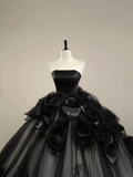 Elegant Black Strapless Floral Quinceanera Dress Evening Ball Gown HZ0319