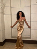 Gold Spaghetti Straps Mermaid Satin Long Evening Party Dress HZ0319