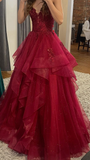 Pretty Wine Red Straps A-Line Tulle Long Prom Dresses Evening Ball Gowns, HZ0319