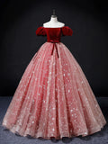 Burgundy/Pink Tulle Velvet Long Prom Dress, Burgundy Formal Dress HZ0319