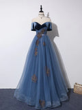 A-Line Off Shoulder Tulle Gray Blue Long Prom Dress, Blue Formal Dress HZ0319