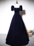 A-Line Dark Blue Velvet Long Prom Dress, Blue Formal Evening Dress HZ0319