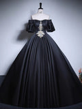 Black A-Line Satin Long Prom Dress, Black Satin Long Formal Dress HZ0319