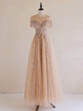 A-Line Lace Champagne Long Prom Dress, Champagne Lace Long Formal Dress HZ0319