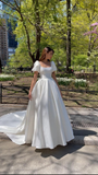 White A-Line Short Sleeves Satin Elegant Long Wedding Dress HZ0319