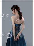 Navy Blue Strapless A-Line Beading Satin long Formal Party Dress HZ0319