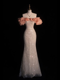 Gorgeous Pink Off Shoulder Beading Mermaid Long Evening Party Dress HZ0319