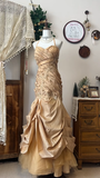 Vintage Golden Applique Ruffle Mermaid Elegant Satin Tulle Evening Dress Prom Dresses HZ0319