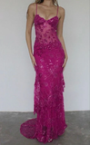 Gorgeous Red Straps Beading Lace Mermaid Long Party Dress Birthday Outfits HZ0319
