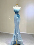 Stunning Blue Strapless Sequins Mermaid Long Evening Party Dress HZ0319