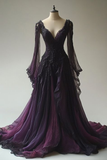 Dark Purple A-Line Chiffon Long Sleeves Vintage Long Party Dress Evening Gown, HZ0319