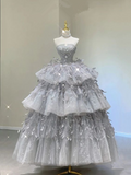 Stunning Silver Strapless A-Line Tiered Long Formal Ball Gown Birthday Dress HZ0319