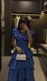 Royal Blue A-Line V Neck Tiered Long Party Dress Wedding Guest Dress HZ0319