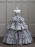 Stunning Silver Strapless A-Line Tiered Long Formal Ball Gown Birthday Dress HZ0319