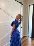 Royal Blue A-Line V Neck Tiered Long Party Dress Wedding Guest Dress HZ0319