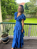 Royal Blue A-Line V Neck Tiered Long Party Dress Wedding Guest Dress HZ0319