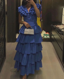 Royal Blue A-Line V Neck Tiered Long Party Dress Wedding Guest Dress HZ0319