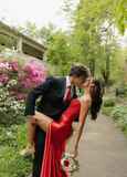 Sexy Red Strapless Sheath Satin Split Long Evening Party Dress Birthday Dress, HZ0319