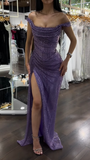 Purple Off Shoulder Sheath Split Long Party Dress Evening Gown, HZ0319