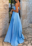 Blue Halter A-Line Open Back Pleated Satin Long Party Dress HZ0319