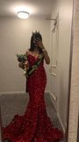 Wine Red Strapless Sequins Mermaid Long Prom Dress Birthday Outfits HZ0319