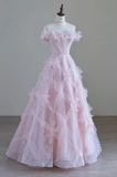 Shiny Pink Off Shoulder A-Line Floral Long Formal Party Dress HZ0319
