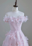 Shiny Pink Off Shoulder A-Line Floral Long Formal Party Dress HZ0319