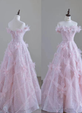 Shiny Pink Off Shoulder A-Line Floral Long Formal Party Dress HZ0319