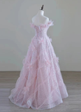 Shiny Pink Off Shoulder A-Line Floral Long Formal Party Dress HZ0319