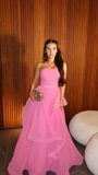 Elegant Pink Strapless A-Line Ruffles Long Formal Party Dress HZ0319