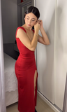 Red Mermaid Slit Prom Dress Satin Formal Party Dress, HZ0319