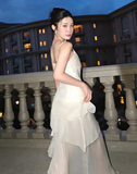 Elegant Ivory Spaghetti Straps Sheath Ruffles Vintage Long Party Dress HZ0319