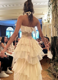 Elegant Ivory Strapless Tiered Mermaid Long Party Dress Birthday Gown HZ0319