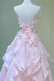 Pink Strapless A-Line Chiffon Long Party Dress Birthday Outfits HZ0319