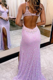 Lilac V Neck Straps Sequins Open Back Mermaid Long Party Dress HZ0319
